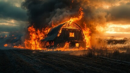 A dramatic image of a fire ravaging a rural barn. The intense flames and thick smoke create a powerful and dramatic scene of destruction amidst the countryside.