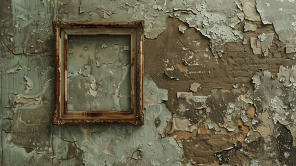 Naklejka premium Empty Frame on Weathered Wall: A vintage, ornately carved wooden picture frame hangs against a textured background of peeling paint, evoking a sense of nostalgia and timelessness. 