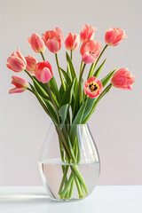 Fototapeta premium Pink Tulips in a Glass Vase: A delicate bouquet of pink tulips in a clear glass vase, arranged against a soft, neutral backdrop, evokes a sense of tranquility and elegance. 
