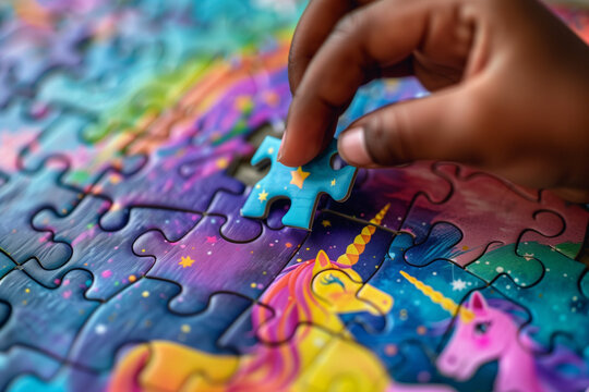 The hand of a child fitting a piece into a colorful unicorn puzzle. Creative learning and educational games for kids.