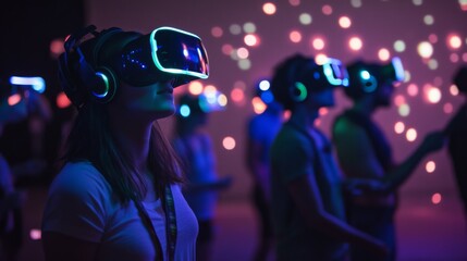 Attendees immerse themselves in virtual reality, wearing glowing headsets while colorful lights illuminate the surroundings.