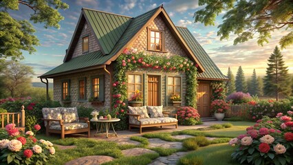Fototapeta premium Cottagecore Idyll: Quaint patterns, floral prints, muted colors, rustic textures, cozy