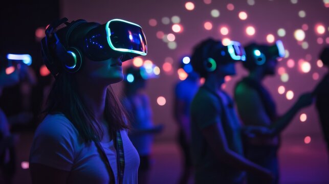 Attendees immerse themselves in virtual reality, wearing glowing headsets while colorful lights illuminate the surroundings.