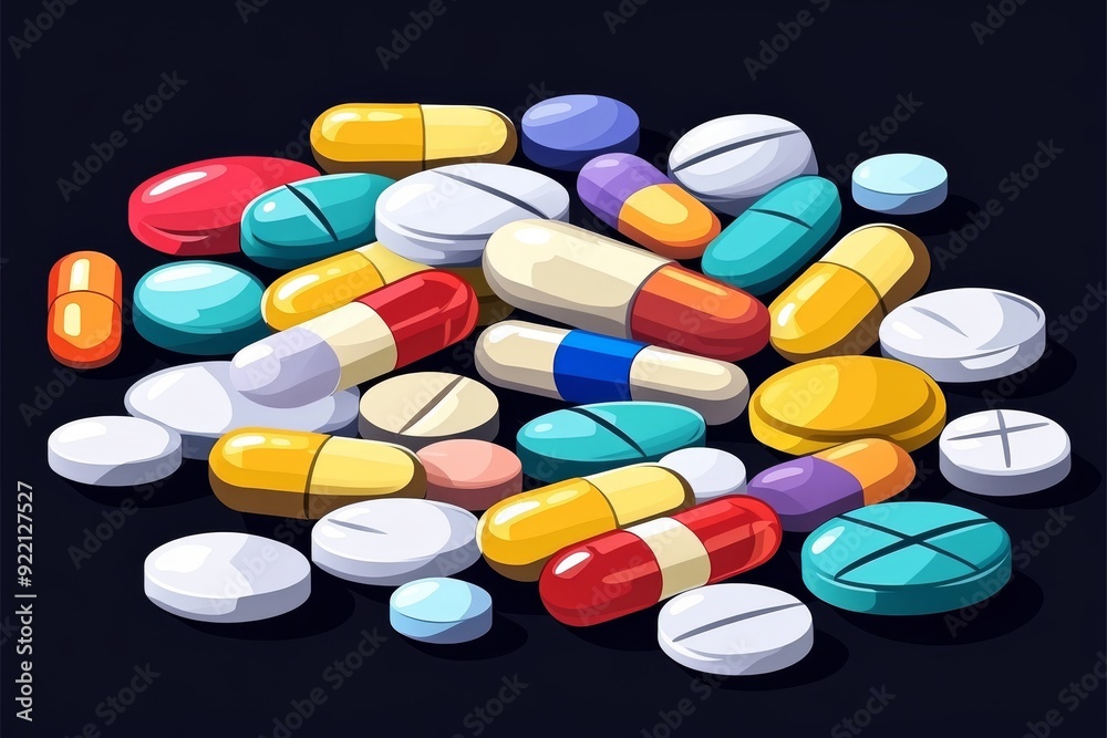 Sticker A diverse collection of colorful pills and tablets piled together symbolizing the vast range of pharmaceutical solutions available in the modern healthcare landscape