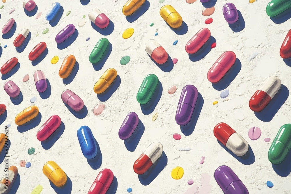 Poster A playful and dynamic pattern of assorted pills and capsules scattered against a light colored background representing the variety and energy of pharmaceutical options available today