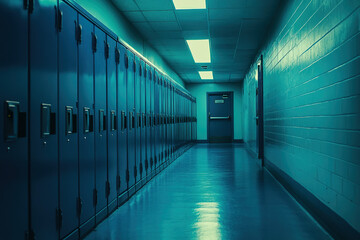 Fototapeta premium Cinematic Hallway with Modern Blue and Teal Lockers, Showcased in a Wide-Angle View with Warm Lighting and Stylish Design Elements.