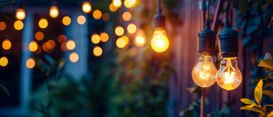 Cozy outdoor lightning at the evening garden. Lamp Bulbs, string garlands, lights hanging on the trees on backyard of suburban house. Generative ai