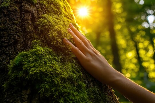 A hand gently touches the moss-covered trunk of a tree, illuminated by warm sunlight, symbolizing a connection to nature, mindfulness, and environmental awareness. Ideal for themes of nature therapy