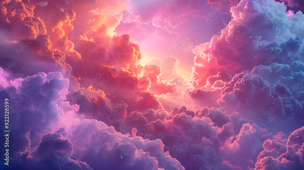 Poster 3d render, abstract fantasy background of colorful sky with neon clouds