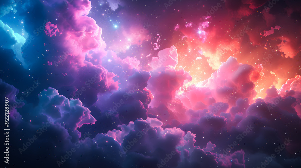 Wall mural 3d render, abstract fantasy background of colorful sky with neon clouds