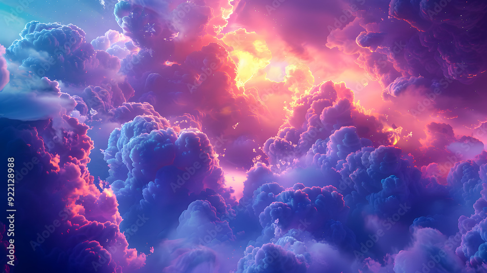 Poster 3d render, abstract fantasy background of colorful sky with neon clouds