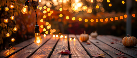 Autumn composition with pumpkins, glowing light bulbs, garland, decoration at the wooden table of backyard, patio. Cozy fall at evening garden background. Halloween. Generative ai