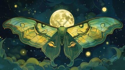 Green moth in front of a glowing full moon aesthetic bakground. Celestial moth illustration in green color hues.