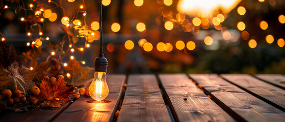 Close up of Illuminated light bulbs, garland, string lights on autumn orange nature background. Cozy backyard of suburban house. Fall garden exterior. Generative ai