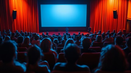 A large audience sits in a red theater, captivated by the performance on the big screen as the lights create a warm atmosphere.