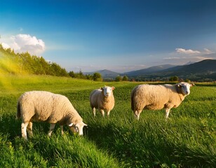 Three sheep graze in a lush, green pasture on a sunny day