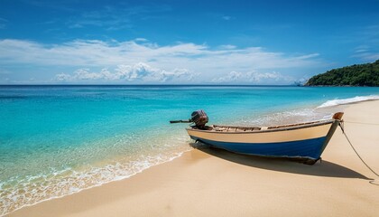 Obraz premium A boat is parked on a sandy beach along the shoreline, creating a striking contrast between the blue ocean and the vessel.