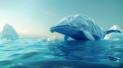 Fototapeta premium Polygonal Ice Whale Floating in Frozen Ocean Landscape