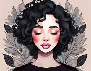 A hand-drawn illustration of a woman with curly black hair, pink cheeks, and closed eyes, surrounded by simple black leaves