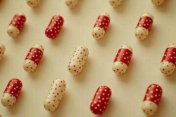 A nostalgic and whimsical arrangement of red and white polka dotted capsules set against a warm vintage inspired background representing the intersection of old fashioned charm and modern medicine