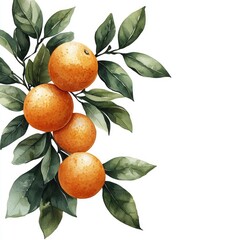 Watercolor Illustration of Oranges on a Branch with Green Leaves