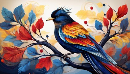 Obraz premium A colorful bird with red, blue, yellow, and black plumage sits on a branch of a stylized tree with blue, yellow, and red leaves