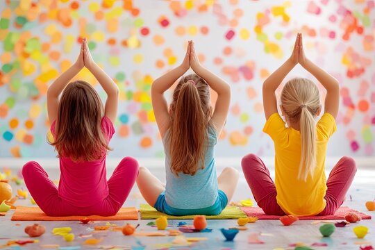 Three children practicing yoga with colorful sticky notes on the wall in a bright room