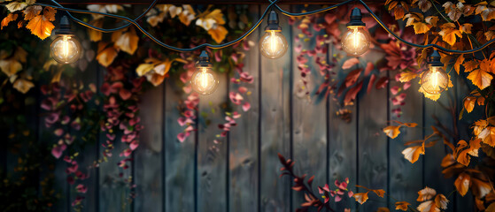 Fall background, podium, patio decorated colorful leaves, street garland, glowing light bulb, autumn flowers, decoration, bokeh.Cozy fall background. Generative ai	