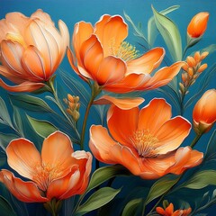 A close up oil painting of orange flowers with green leaves and stems against a blue background