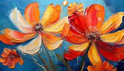 A close-up oil painting of orange, yellow, and red flowers against a textured blue background. The flowers are painted with thick brushstrokes, creating a three-dimensional effect