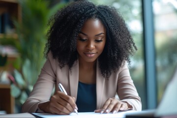 Self Insurance. African American Businesswoman Signing Partnership Agreement in Office Setting