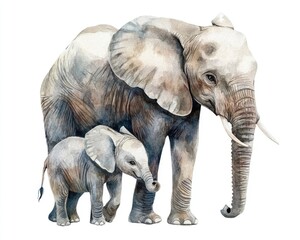 Fototapeta premium Elephant Mom and Baby. African Elephant Family in Watercolor Illustration