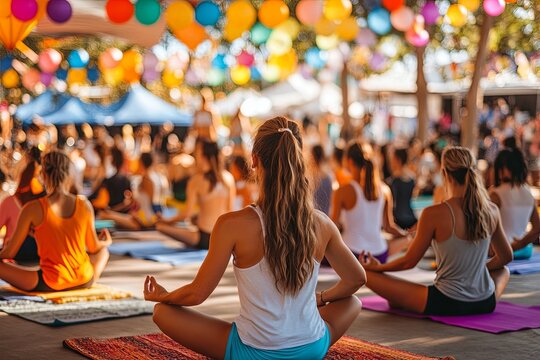 Outdoor yoga class during a vibrant festival with colorful balloons in the background, capturing the peaceful energy of participants