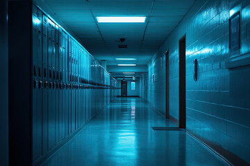 Fototapeta premium Blue and Teal School Lockers in a Cinematic Hallway, Highlighted by Warm Light and a Wide-Angle View with a Clean Modern Aesthetic.