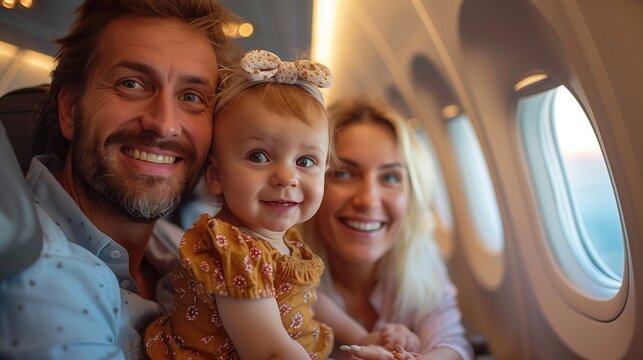 A young family, with a toddler standing on the seat, looking excitedly at the airplane window, parents smiling warmly