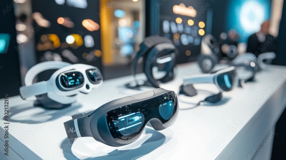 Poster Several advanced virtual reality headsets are showcased on a sleek table at a technology exhibition.