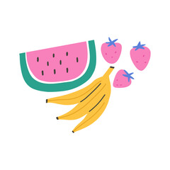 Set of colorful fruits - cartoon flat vector illustration isolated on white background. Hand drawn summer fruits - watermelon, banana and strawberries.