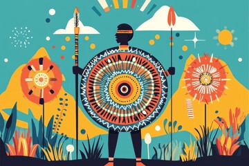 Flat illustration of a Somhlolo Day greeting card, featuring traditional Swazi motifs, such as the shield and spear, with a festive message and vibrant colors to celebrate the holiday