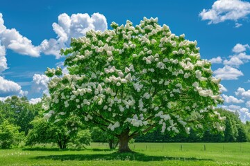 Obraz premium Catalpa Tree with Beautiful Crown on Green Grass in Summer Garden Landscape