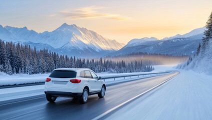 A white SUV driving on the road in winter snow
