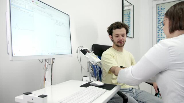 The patient undergoes an electromyography (EMG) test to assess nerve activity. Detects nerve and muscle dysfunctions. Perfect for showcasing advanced medical technologies