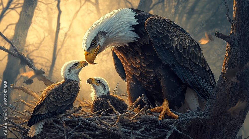 Wall mural Bald eagle parent feeding eaglets in the nest. Illustration of nurturing instincts and family unity 