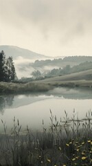 Fototapeta premium Grey tone wallpaper meadow reflection landscape outdoors.