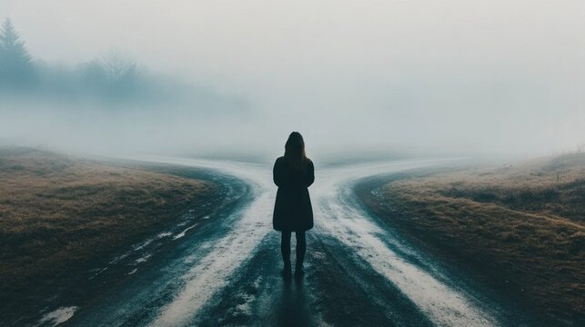 Woman standing at a fork in the road, lost in thought and facing an uncertain future.