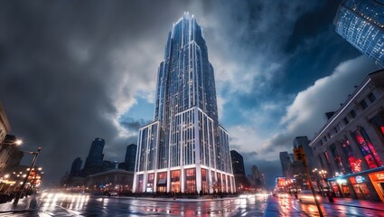 Illuminated Skyscraper at Night with Dramatic Sky in Urban Cityscape