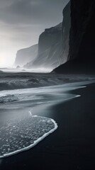 Misty cliffs meet ocean waves.