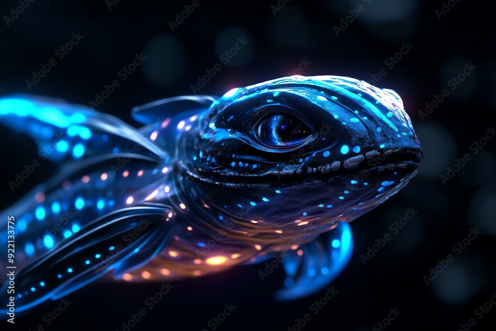 Poster a digitally rendered image of a bioluminescent aquatic creature swimming in the dark, glowing with b