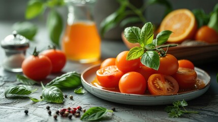 Fresh Tomatoes and Basil with Orange Juice on a Rustic Table - Healthy and Organic Ingredients for Cooking
