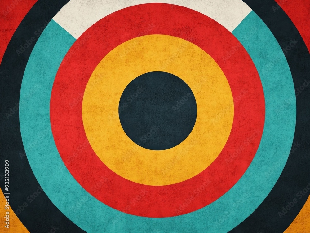 Poster overlapping circular shapes and radial lines create a striking starburst pattern in a mid century in