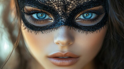 closeup of a pretty woman with seductive block and a laze eye mask